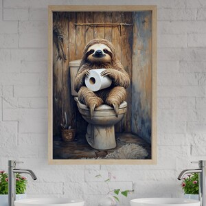 Sloth Bathroom Wall Art Print Funny Animal Art for Kids Room Cute Sloth Holding Toilet Paper Humorous Bathroom Decor Gift