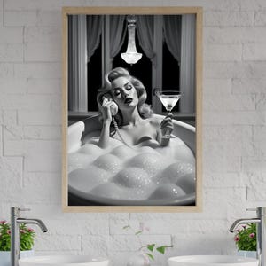 Glamorous Black and White Wall Art, Woman in Bathtub, Retro Chic Decor, Elegant Home Decor, Modern Bathroom Art, Luxury Wall Print