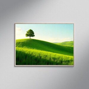 Tranquil Green Hill with Lone Tree Wall Art, Serene Landscape Painting, Peaceful Nature Scene, Calming Green Field Artwork