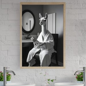 Llama reading newspaper wall art, funny animal decor, unique bathroom print, quirky poster for home, whimsical llama artwork, white robe