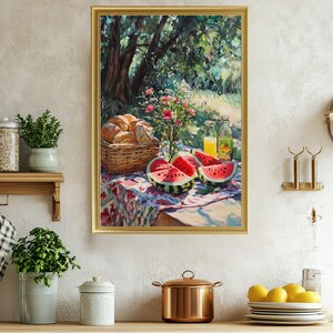 Watermelon picnic scene wall art, Summer still life painting, Fresh outdoor breakfast decor, Garden fruits and flowers print