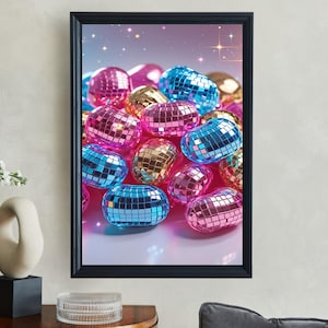 Disco Ball Artwork, Vibrant Wall Art, Sparkling Home Decor, Colorful Disco Balls Art Print, Funky Wall Decor, Party Decoration