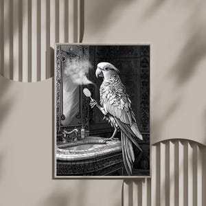 Quirky Parrot Bathroom Art ,Print Funny Bird Wall Decor ,Unique Animal Lover Gift ,Monochrome Artwork, Humorous Home Accent