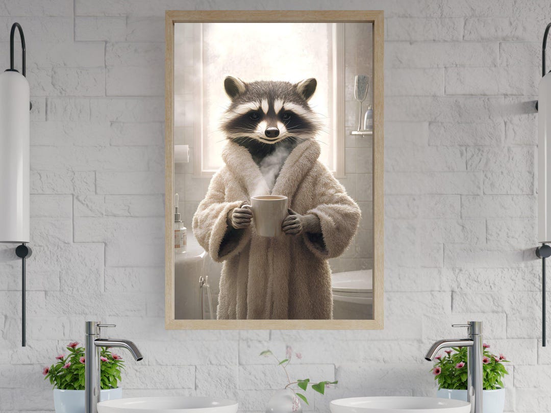 Cute Raccoon Wall Art in Cozy Bathrobe With Coffee, Fun Animal Print ...