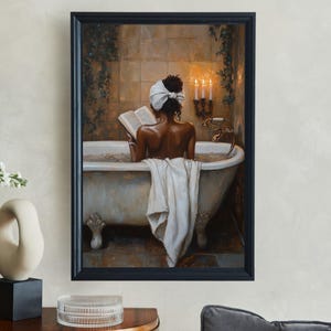 Relaxing Bath Time Wall Art, Cozy Bathroom Decor, Woman Reading in Tub, Canvas Print, Relaxing Spa Art, Vintage Bathroom Poster