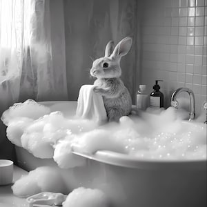 Cute Bunny Bathroom Wall Art, Adorable Rabbit Bathtub Canvas Print, Animal Themed Home Decor, Kids Room Decoration, Monochrome Artwork