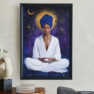 Meditating Woman Wall Art Print, Bohemian Spiritual Home Decor, Zen Female Meditation Artwork, Mystical Yoga Room Wall Poster
