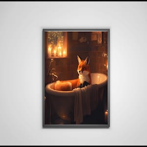 Cozy Fox in Bathtub Wall Art Print, Relaxing Fox Decor, Cute Animal Bathroom Art, Candlelit Fox Scene Poster, Whimsical Home Decor