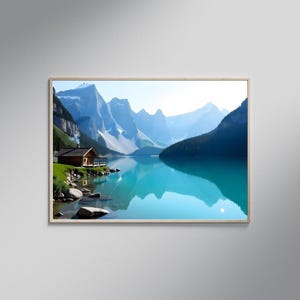 Stunning Mountain Lake Landscape, Scenic Wall Art, Panoramic Nature Print, Home Decor, Serene Blue Water, Alpine Cabin Decor