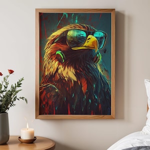 Cool Eagle Wall Art, Modern Eagle Print, Unique Animal Artwork, Eagle Poster for Home Decor, Stylish Bird Art with Headphones