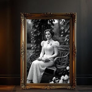 Vintage Lady in Garden Black and White Art Print, Elegant Woman Victorian Era Wall Décor, Classic Photography Home Accent
