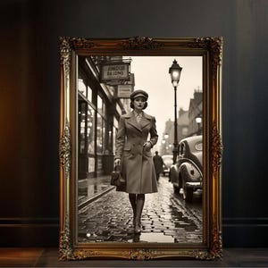 Vintage Street Style Wall Art, Retro Woman Walking on Cobblestone, Classic Fashion Poster, Black and White Decor, Timeless Photography Print
