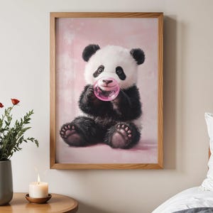 Uroczy obraz ścienny z małą pandą, słodki nadruk z pandą, dekoracja pokoju dziecięcego, dekoracja ścienna z motywem małego zwierzęcia, zabawna panda z bańką, sztuka pokoju dziecięcego