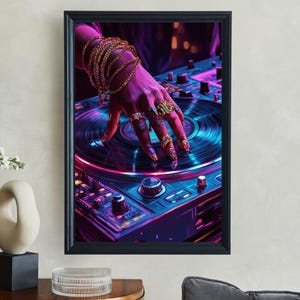 Dj wall art print, Music lover gift, Neon Dj poster, Turntable art, Modern Dj decor, Trendy music wall art, Dj controller artwork