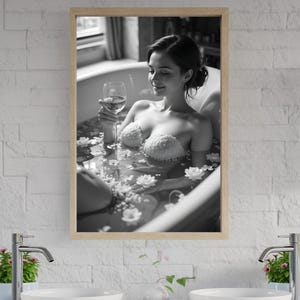 Elegant Woman Relaxing in Bathtub Wall Art, Bath Time Bliss Print, Black and White Bathroom Decor, Relaxation Poster