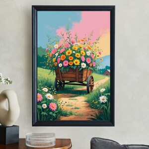 Lebendige Blumenwagen Wandkunst, Rustikales Landhaus Dekor, Buntes Blumen Kunstwerk, Sommer Blüte Leinwand Druck, Natur Inspirierte Wohnkultur