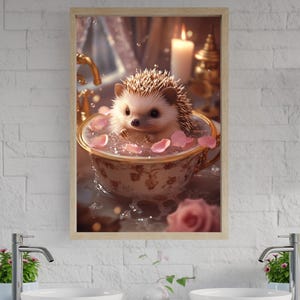 Impresión de arte de pared con un lindo erizo en una taza de té vintage, adorable decoración de animales para guardería, habitación de niños, sala de estar, idea de regalo perfecta