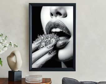 Glamorous Sparkling Lips Wall Art, Diamond Studded Lips Print, Black and White Glamour Art, Modern Sparkly Wall Decor