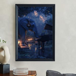 Elephant Playing Piano Wall Art, Musical Animal Decor, Nighttime Art Print, Whimsical Elephant Art, Unique Nature Scene, Starry Night Decor