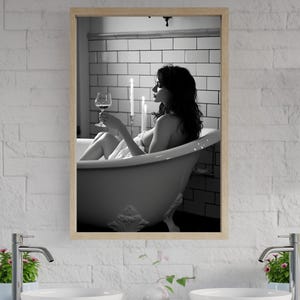 Elegant Black and White Bath Wall Art, Relaxing Bath Time Wall Decor, Candlelit Bathroom Print, Woman in Bathtub, Wine Glass Art