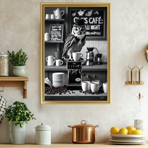 Funny Owl Coffee Shop Art, Cute Owl Wall Art, Owl in Hat Espresso Bar Poster, Unique Kitchen Decor Print, Whimsical Coffee Lover Gift