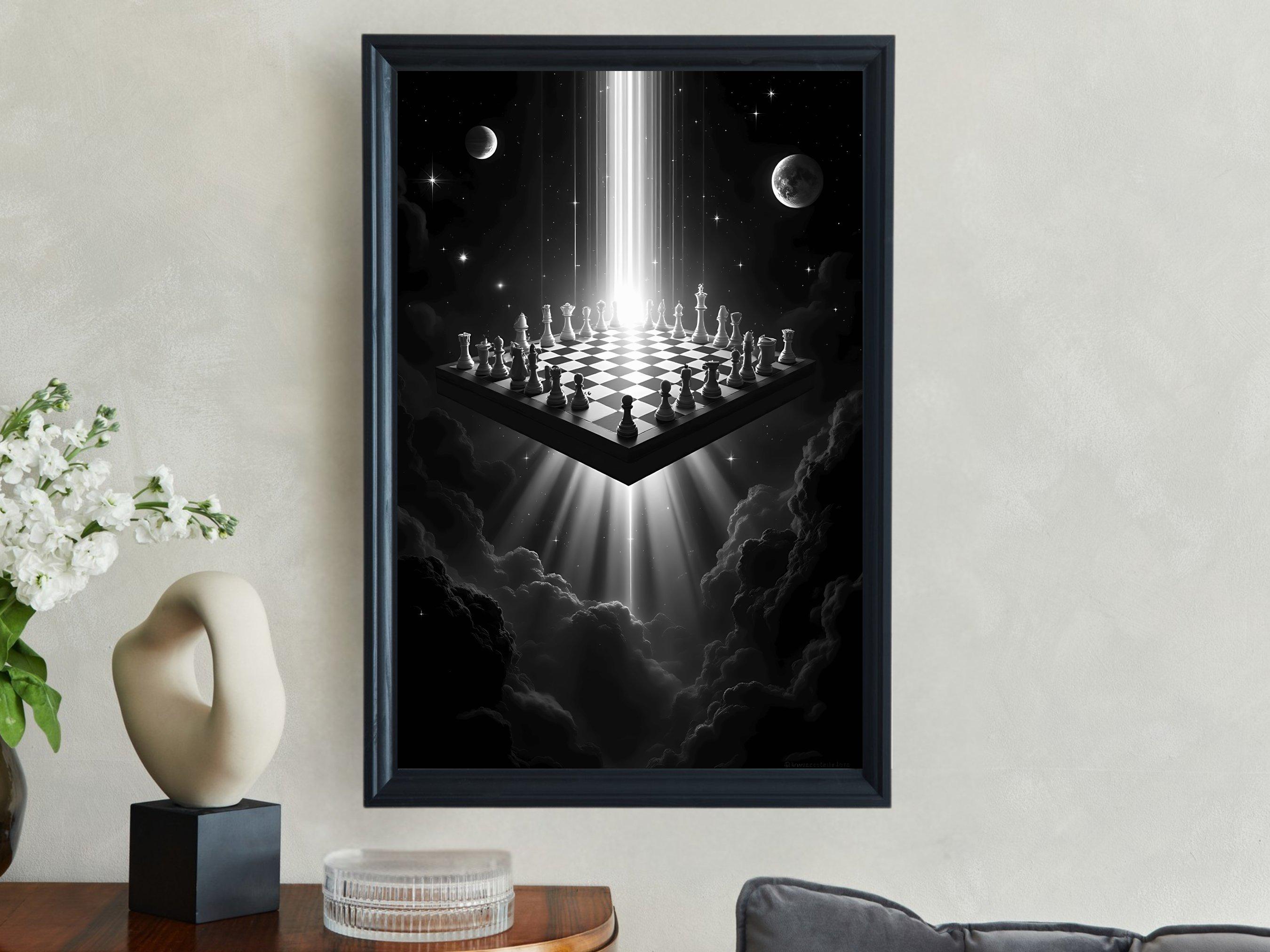 Surreal Chess Board Wall Art Space Themed Decor Mystical Chess Game Poster Dreamlike Galactic Chess Print Unique Wall Art