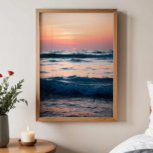Ozean Sonnenuntergang Wandkunst, Küstenstrand Fotografie Druck, Ruhige Ozean Sonnenuntergang Dekor, Ozeanwellen Leinwand Kunst, Serene Sea Sunset Bild