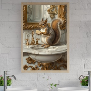 Whimsical squirrel wall art, squirrel in bathroom print, animal bathroom decor, cute animal wall print for bathroom