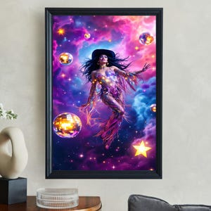 Cosmic Disco Queen Wall Art, Vibrant Space Artwork for Home Decor, Fantasy Galaxy Art Print, Neon Lights, Modern Astral Art