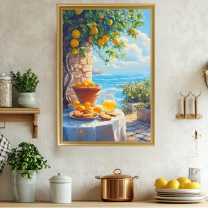 Arte de pared costero de limoneros, decoración de cocina mediterránea, impresión artística con vista al mar con cítricos frescos, obra de arte de patio de verano, póster de limones soleados