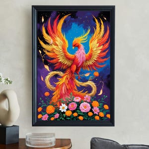 Colorful Phoenix Wall Art Print, Floral Phoenix Artwork Poster, Vibrant Phoenix Bird Painting, Mythical Creature Wall Decor