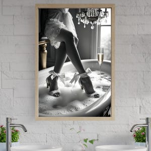 Luxurious Black and White Wall Art, Elegant Woman in Bathtub, Glamorous Home Decor, Chic Bathroom Art, Modern Photography Print