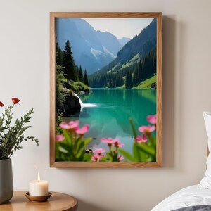Stunning Mountain Lake View Wall Art, Beautiful Nature Landscape Print, Serene Forest and Lake Scene, Home Office Decor