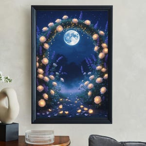 Magical Moonlit Garden Wall Art, Enchanted Night Flower Arch Print, Dreamy Romantic Floral Pathway Decor, Mystical Nighttime Scene