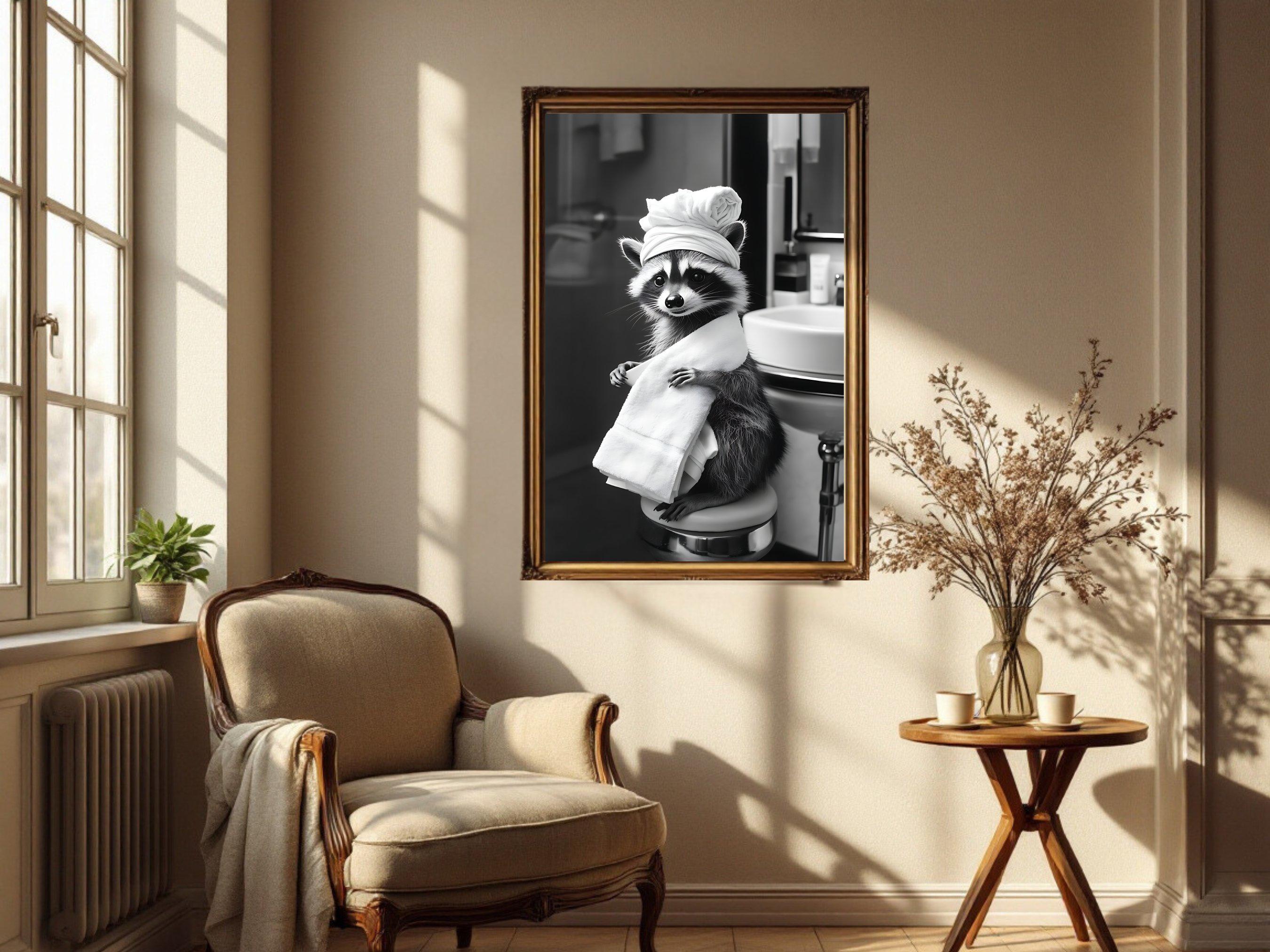 Cute Raccoon Bathroom Wall Art, Funny Animal Poster, Monochrome Raccoon ...