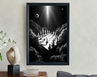 Surreal Chess Game in Clouds Black and White Wall Art Print, Unique Chess Themed Artwork, Starry Night Decor for Home Office
