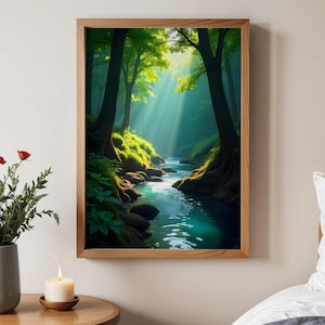 Serene forest creek wall art, Nature landscape wall decor, Tranquil forest sunlight print, Peaceful woodland stream poster