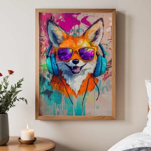 Colorful Fox Wall Art, Cool Fox with Sunglasses Print, Vibrant Fox Poster, Modern Animal Artwork, Graffiti Style Wall Decor