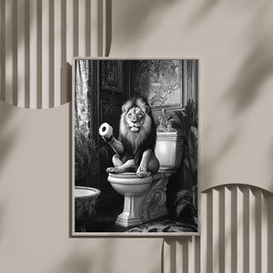 Lion on Toilet Humorous Wall Art Print, Funny Bathroom Decor, Unique Animal Art for Home, Quirky Kitchen Wall Decor, Whimsical Design