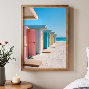 Beach Huts Wall Art, Colorful Seaside Print, Coastal Decor, Summer Beach House Art, Vibrant Coastal Scene, Beach Photography
