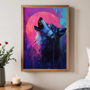 Wolf Howling at Full Moon Wall Art Print, Vibrant and Dramatic Animal Poster, Perfect for Home or Office Decor