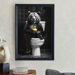 Quirky Bear with Rubber Duck Wall Art, Funny Animal Bathroom Decor Poster, Humorous Wildlife Photography Print for Home
