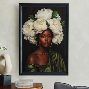 Beautiful Woman with Flowers Wall Art, African American Portrait, Floral Headpiece Decor, Black Art Print, Elegant Home Decor