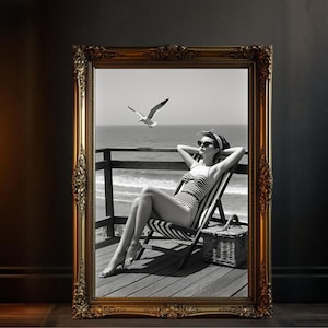Vintage Beach Photo Wall Art, Black and White Retro Decor, Seaside Photography Print, Coastal Art for Home, Relaxing Woman with Bird