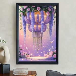 Elegant Floral Hanging Decor Wall Art, Pastel Flower Chandelier Print, Romantic Blossom Illumination Art, Dreamy Home Decor