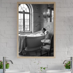 Ontspannende badtijd kunst aan de muur, serene badkamerinrichting, klassiek badkunstwerk, elegant interieur, rustige badafdruk