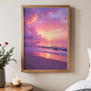 Stampa murale con tramonto panoramico sull'oceano e sulla spiaggia, stampa di paesaggi costieri tranquilli, poster di paesaggi marini sereni, decorazione rilassante per l'alba sulla spiaggia