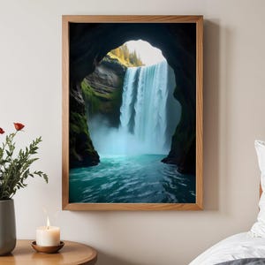 Poster di cascata mozzafiato, arte murale della natura, stampa di cascata in grotta, arte di cascata panoramica, poster di paesaggio meraviglioso, decorazione murale acquamarina