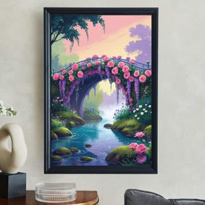 Schöne Blumen Brücke Wandbild, Verträumte Landschaft Kunstdruck, Romantische Natur Malerei, Pastell Farben Dekor, Gelassenes Garten Bild