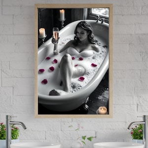 Relaxing Bath with Bubbles and Candlelight Woman in Tub with Rose Petals Romantic Bathroom Decor Relaxation Wall Art Print